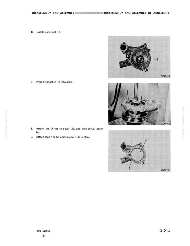 May include: A manual page showing the disassembly and assembly of an accessory. The page features diagrams and instructions for installing a water seal, impeller, O-ring, and snap ring. The diagrams are in black and white.