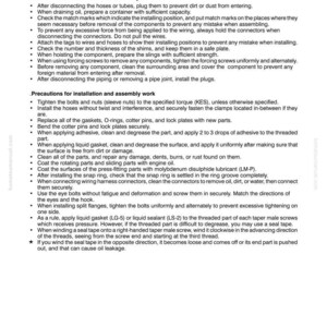 May include: A page from a Komatsu manual with safety precautions for machinery operation, removal, disassembly, installation, and assembly. The text is in black on a white background, with the Komatsu logo and manual details at the bottom.