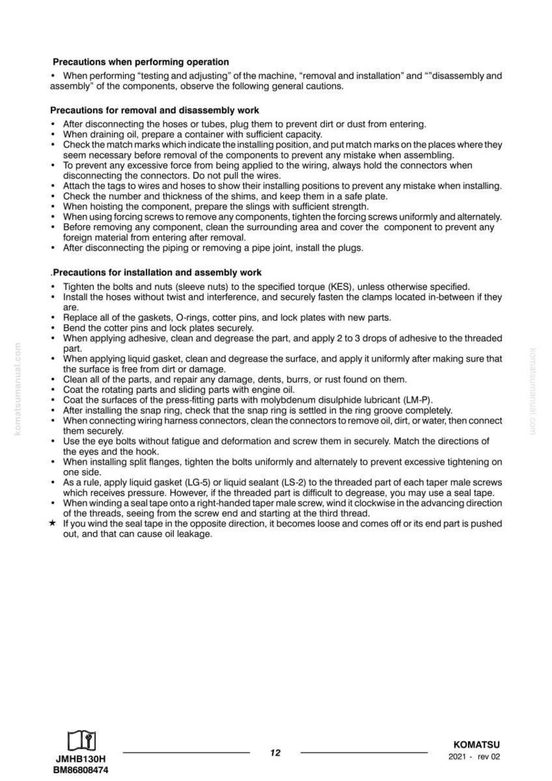 May include: A page from a Komatsu manual with safety precautions for machinery operation, removal, disassembly, installation, and assembly. The text is in black on a white background, with the Komatsu logo and manual details at the bottom.