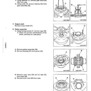 May include: Technical diagram with numbered steps for disassembling a gear assembly. Includes illustrations of tools and components like eyebolts, pullers, and bearings. Text instructions accompany each step, detailing the removal of various parts.