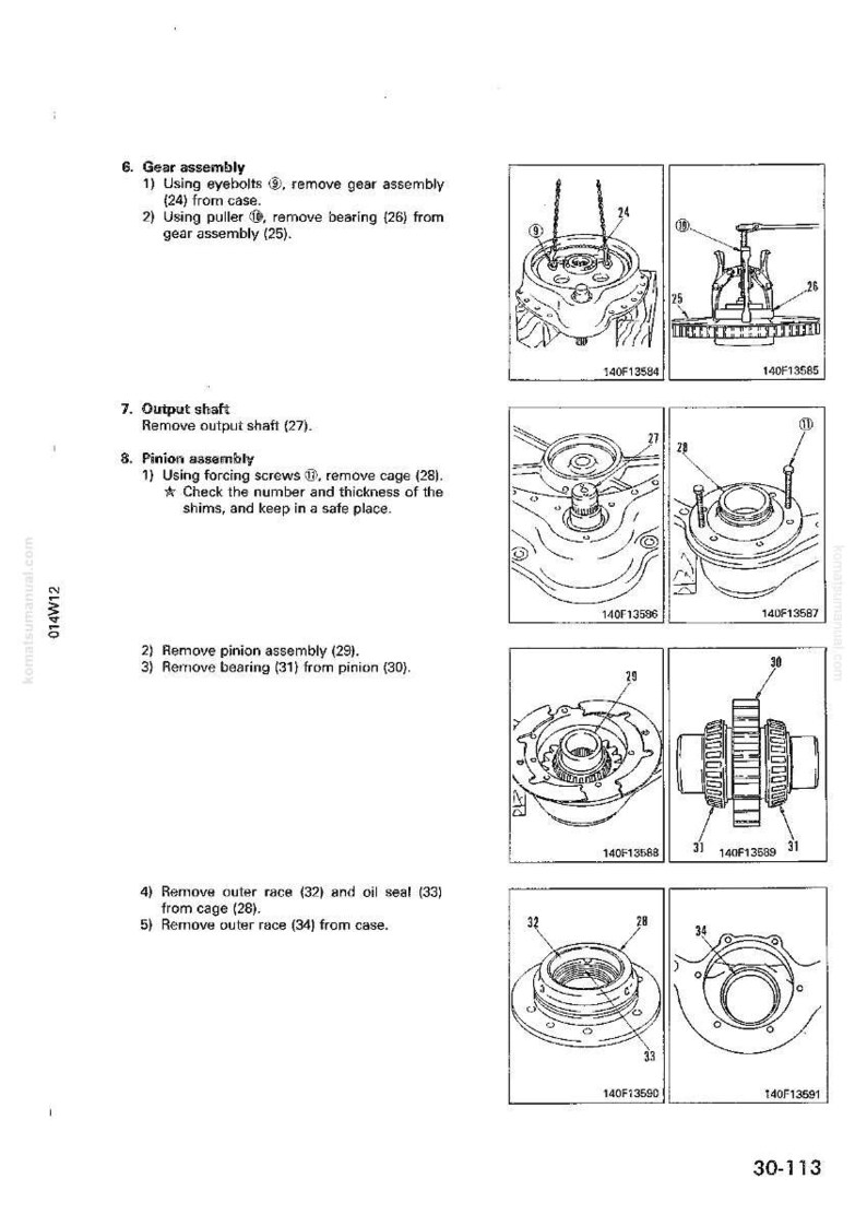 May include: Technical diagram with numbered steps for disassembling a gear assembly. Includes illustrations of tools and components like eyebolts, pullers, and bearings. Text instructions accompany each step, detailing the removal of various parts.