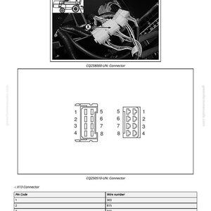 May include: Diagram of an X13 connector, featuring a detailed illustration of the connector's internal wiring and pin layout. The image includes a table with pin codes and wire numbers, essential for electrical system identification.