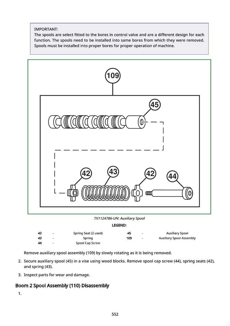 May include: Diagram of an auxiliary spool assembly with labeled parts: spring seats, spring, and spool cap screw. Text includes instructions for disassembly and the note: "Spools must be installed into proper bores for proper operation of machine."