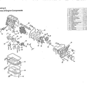 May include: An exploded view diagram of engine components, with detailed illustrations of various parts like the cylinder head, crankshaft, and oil pump. The diagram includes a parts list with item numbers and descriptions.