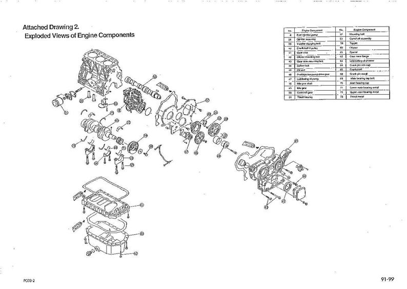 May include: An exploded view diagram of engine components, with detailed illustrations of various parts like the cylinder head, crankshaft, and oil pump. The diagram includes a parts list with item numbers and descriptions.