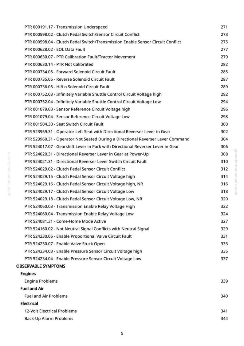 Puede incluir: Una lista detallada de c&oacute;digos de fallo de tractor y s&iacute;ntomas observables, incluyendo problemas de motor, combustible, aire y el&eacute;ctricos. El documento incluye c&oacute;digos para circuitos de transmisi&oacute;n, embrague y sensores, con n&uacute;meros de p&aacute;gina.