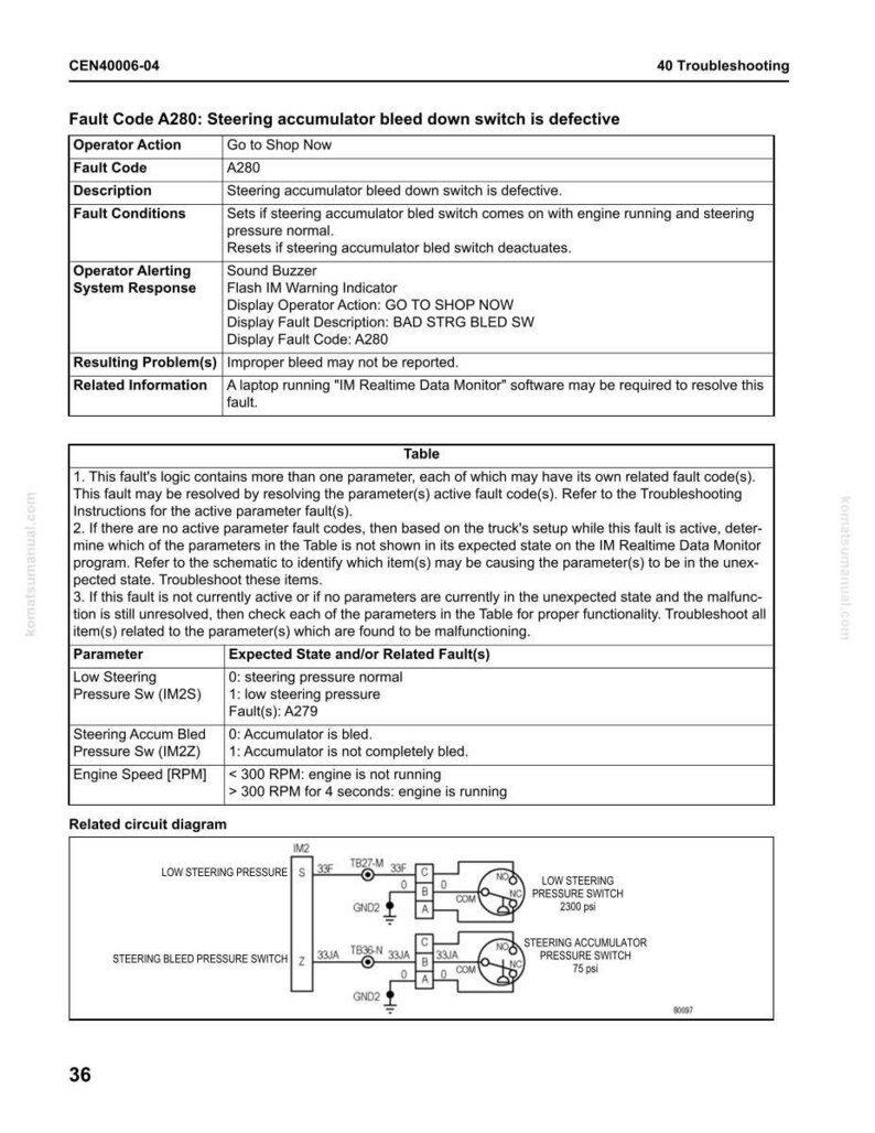 May include: A page from a troubleshooting guide, featuring text and diagrams. The text details fault codes, descriptions, and related information. Diagrams illustrate circuit diagrams and component details. The page is from a manual.