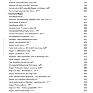 May include: A page from a manual with a list of repair procedures for a transmission system. The text includes terms like "Hydrostatic Module," "Reverse Brake," and "Planetary Assembly." The page number is 10.