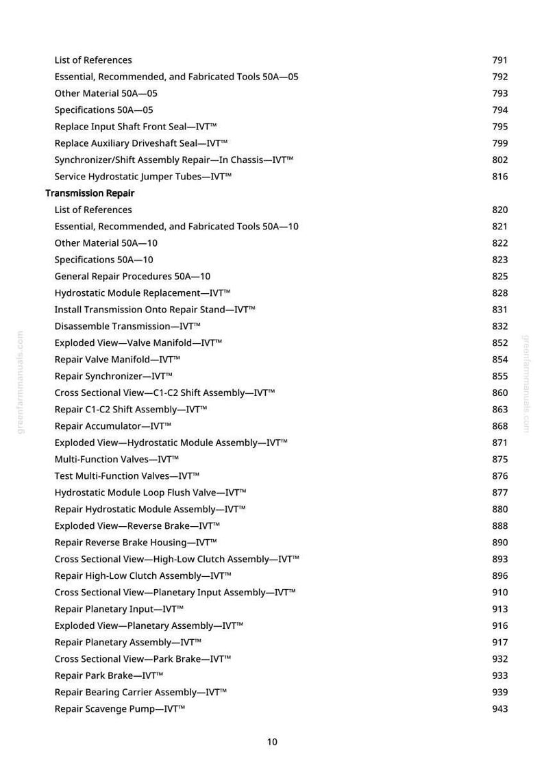 May include: A page from a manual with a list of repair procedures for a transmission system. The text includes terms like "Hydrostatic Module," "Reverse Brake," and "Planetary Assembly." The page number is 10.