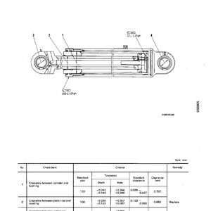 May include: Technical diagram of a hoist cylinder, featuring detailed line drawings and specifications. The diagram includes measurements, tolerances, and a table with check items and criteria. The text "HOIST CYLINDER" is at the top.