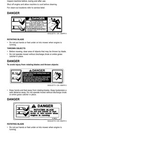 Puede incluir: Una p&aacute;gina blanca con texto negro y etiquetas de seguridad para un cortac&eacute;sped. Las etiquetas advierten sobre cuchillas giratorias y objetos lanzados, con ilustraciones de una persona y una cuchilla.