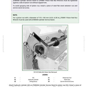 May include: Diagram of piston nut removal with labels. Includes a hydraulic cylinder, lifting device, and piston nut tool. Text provides instructions for the process, including the use of a service stand set screw and a piston nut wrench.