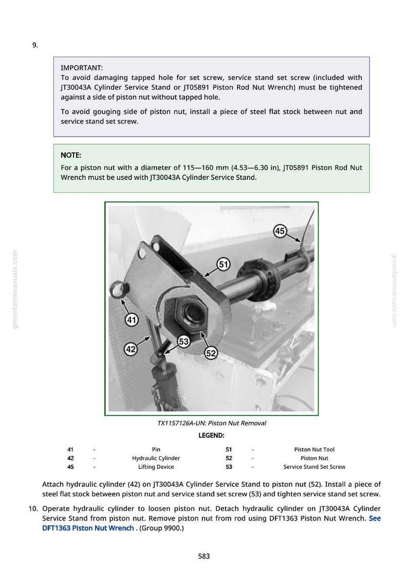 May include: Diagram of piston nut removal with labels. Includes a hydraulic cylinder, lifting device, and piston nut tool. Text provides instructions for the process, including the use of a service stand set screw and a piston nut wrench.