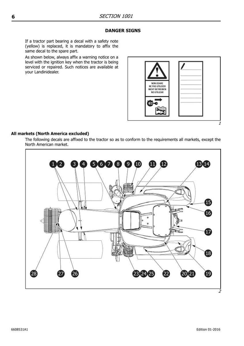 K&ouml;nnte beinhalten: Diagramm eines Traktors mit nummerierten Teilen, begleitet von Sicherheitswarnsymbolen und Text. Der Text enth&auml;lt Anweisungen zum Ersetzen von Aufklebern und zum Anbringen von Warnhinweisen. Das Diagramm ist mit "SECTION 1001" und "DANGER SIGNS" beschriftet.