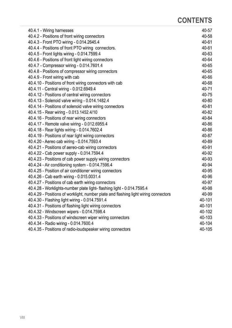 May include: A page from a manual titled "CONTENTS" with a list of wiring and connector positions, including "Front PTO wiring" and "Windscreen wipers". The page numbers are on the right.
