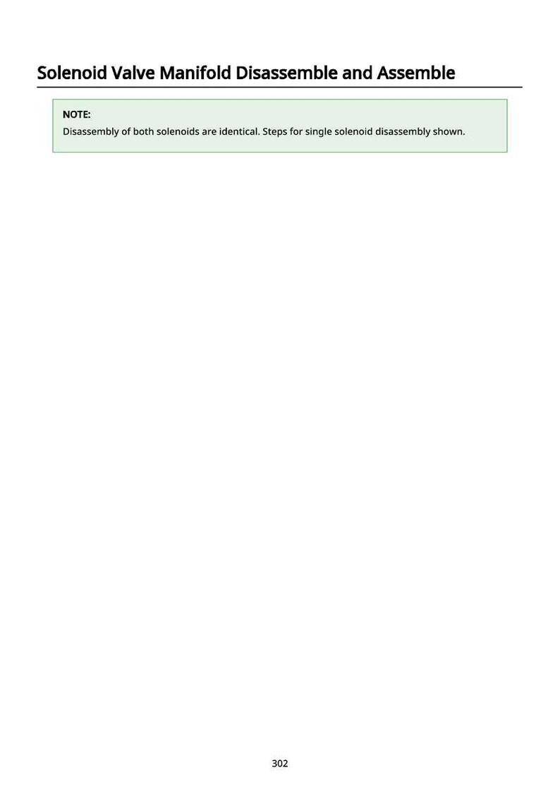 Op de afbeelding: Een witte pagina met de titel "Solenoid Valve Manifold Disassemble and Assemble" bovenaan. Een groene doos bevat het woord "NOTE:" gevolgd door een beschrijving van het demontageproces. Het nummer "302" staat onderaan.