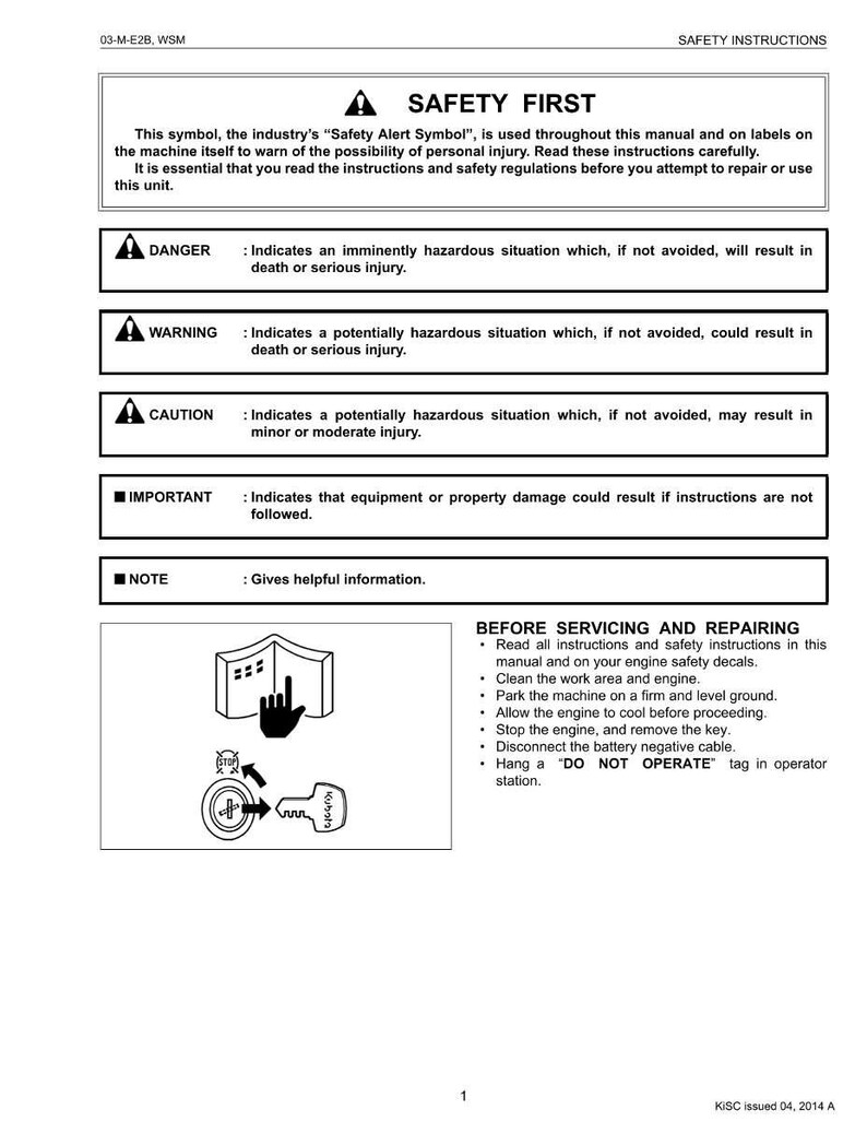 May include: A safety instructions manual with the title "SAFETY FIRST". The manual includes safety symbols and instructions, such as "DANGER", "WARNING", and "CAUTION". It also provides guidelines for servicing and repairing equipment.