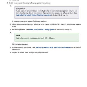 May include: A page from a manual with instructions for hydraulic pump maintenance. The text includes steps for removing screws, flushing the system, and filling the reservoir, which holds approximately 60 gallons. The page also includes a note about system contamination.