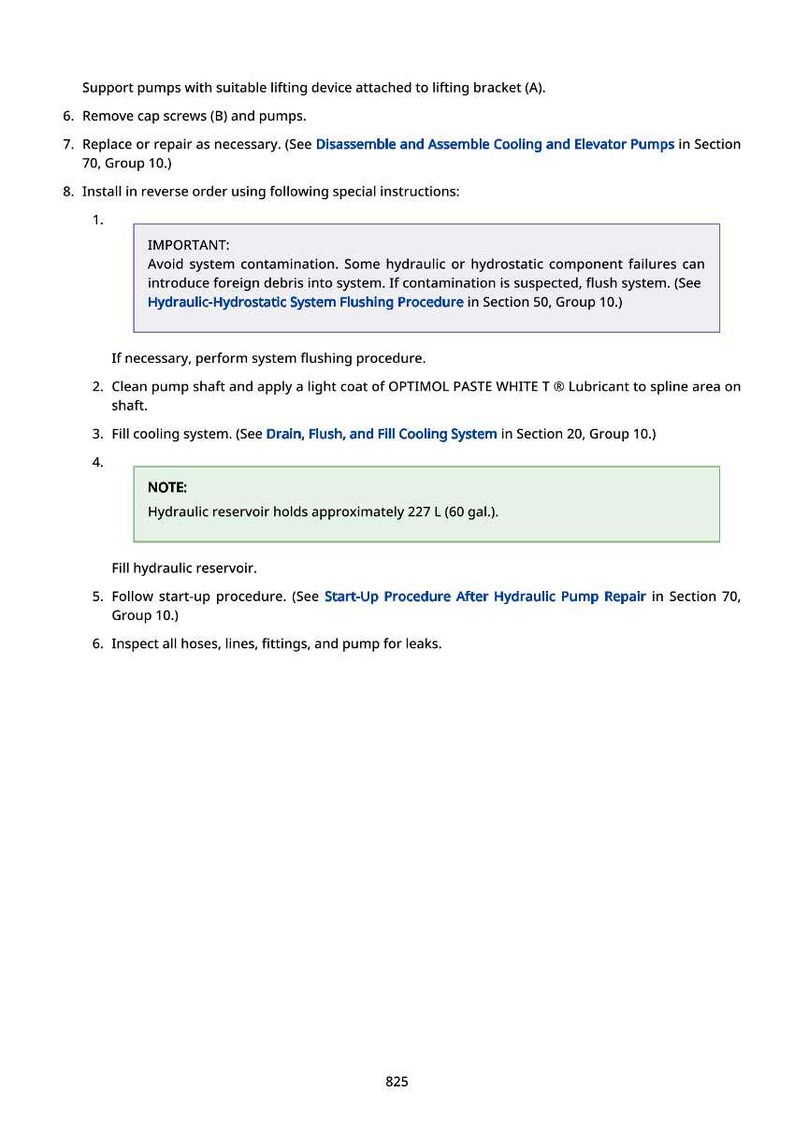 May include: A page from a manual with instructions for hydraulic pump maintenance. The text includes steps for removing screws, flushing the system, and filling the reservoir, which holds approximately 60 gallons. The page also includes a note about system contamination.