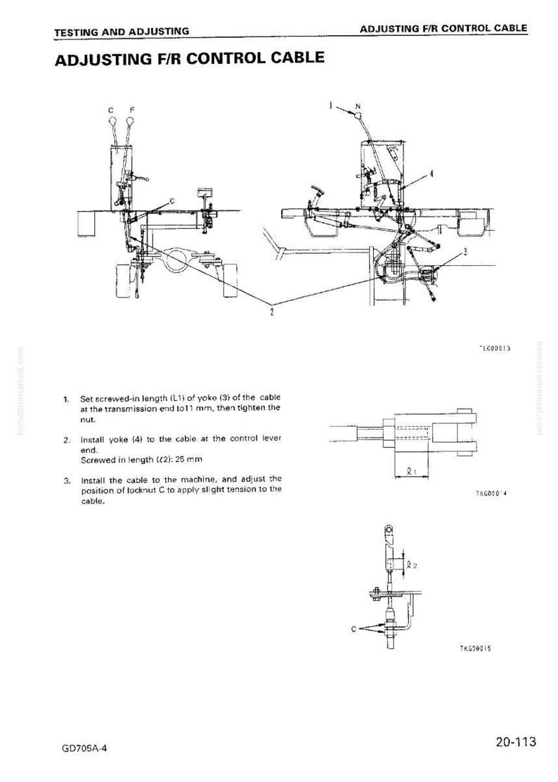 Op de afbeelding: Technische tekening voor het afstellen van de F/R-bedieningskabel. Gedetailleerde illustraties en metingen in millimeters. Instructies voor het instellen van de vorklengte en kabelinstallatie.