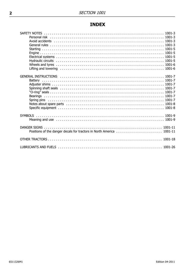 Puede incluir: Una p&aacute;gina blanca de un manual con el t&iacute;tulo "INDEX" y encabezados de secci&oacute;n como "SAFETY NOTES" y "GENERAL INSTRUCTIONS". La p&aacute;gina incluye una lista de temas con los n&uacute;meros de p&aacute;gina correspondientes. El documento est&aacute; fechado 04-2011.