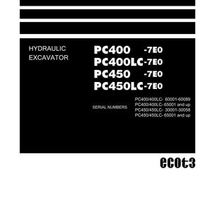 K&ouml;nnte beinhalten: Schwarz-wei&szlig;es Shop-Handbuch-Cover mit dem Text "Shop Manual" oben. Das Handbuch listet die Hydraulikbagger-Modelle PC400, PC400LC, PC450 und PC450LC mit Seriennummernbereichen auf. Das Komatsu-Logo befindet sich unten.