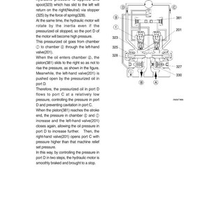 May include: Diagram of a hydraulic system with labels and arrows. The text describes the brake application process, including components like the spool, stopper, and valves. The image is a technical illustration.