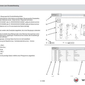 May include: A technical diagram from a parts catalog, featuring exploded views of mechanical components. The diagram includes numbered labels, a parts list, and the Weidemann logo. The page is white with black text and illustrations.
