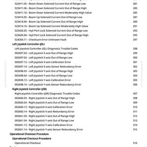 May include: A page from a manual with a list of diagnostic trouble codes and procedures. The text includes codes for left and right joystick controllers, and engine specifications. The page number is 6.