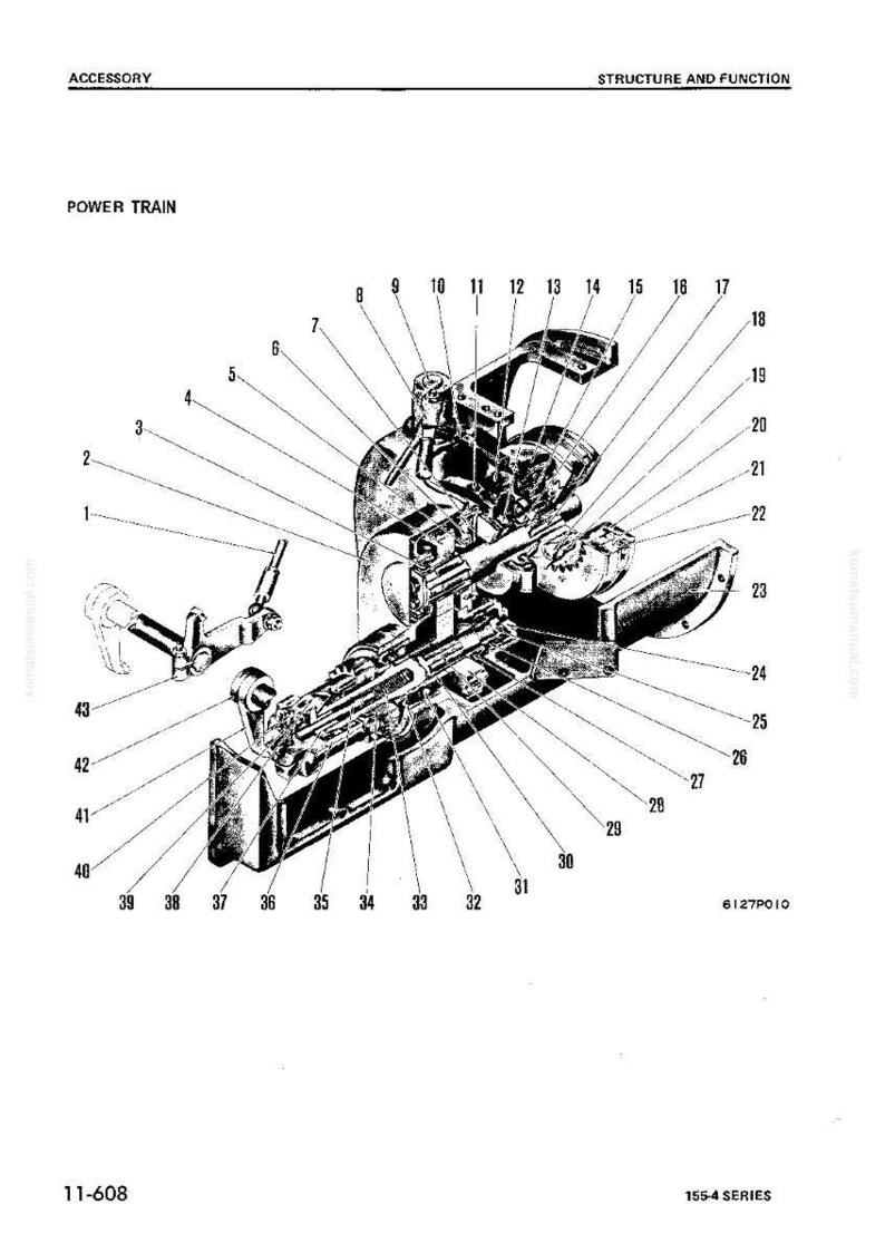 May include: An engineering diagram labeled "Power Train" with numbered components. The image is a detailed black and white illustration of a mechanical assembly, with labels and lines pointing to various parts.