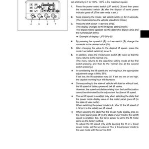 May include: A page from a manual with the title "LIFT SPEED ADJUSTMENT". It includes diagrams of a control panel with buttons labeled 1-4. The text explains how to adjust lift speed on a machine, with instructions and examples.