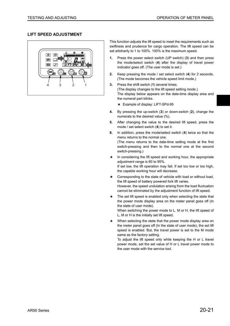 May include: A page from a manual with the title "LIFT SPEED ADJUSTMENT". It includes diagrams of a control panel with buttons labeled 1-4. The text explains how to adjust lift speed on a machine, with instructions and examples.