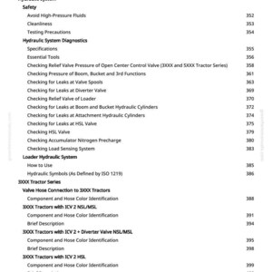 Pode incluir: Uma tabela de conte&uacute;do detalhada de um manual, com se&ccedil;&otilde;es sobre sistemas hidr&aacute;ulicos, seguran&ccedil;a e diagn&oacute;sticos. O texto inclui t&oacute;picos como press&atilde;o da v&aacute;lvula, verifica&ccedil;&otilde;es de vazamentos e informa&ccedil;&otilde;es da s&eacute;rie do trator.
