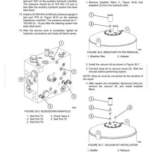 Op de afbeelding: Diagram van hydraulische systeemcomponenten met labels en instructies. Bevat figuren voor het verwijderen van de ademhalingsfilter en de installatie van de vacu&uuml;mkit. Tekst bevat manometerinstallatie en ontluchtingsinstructies.