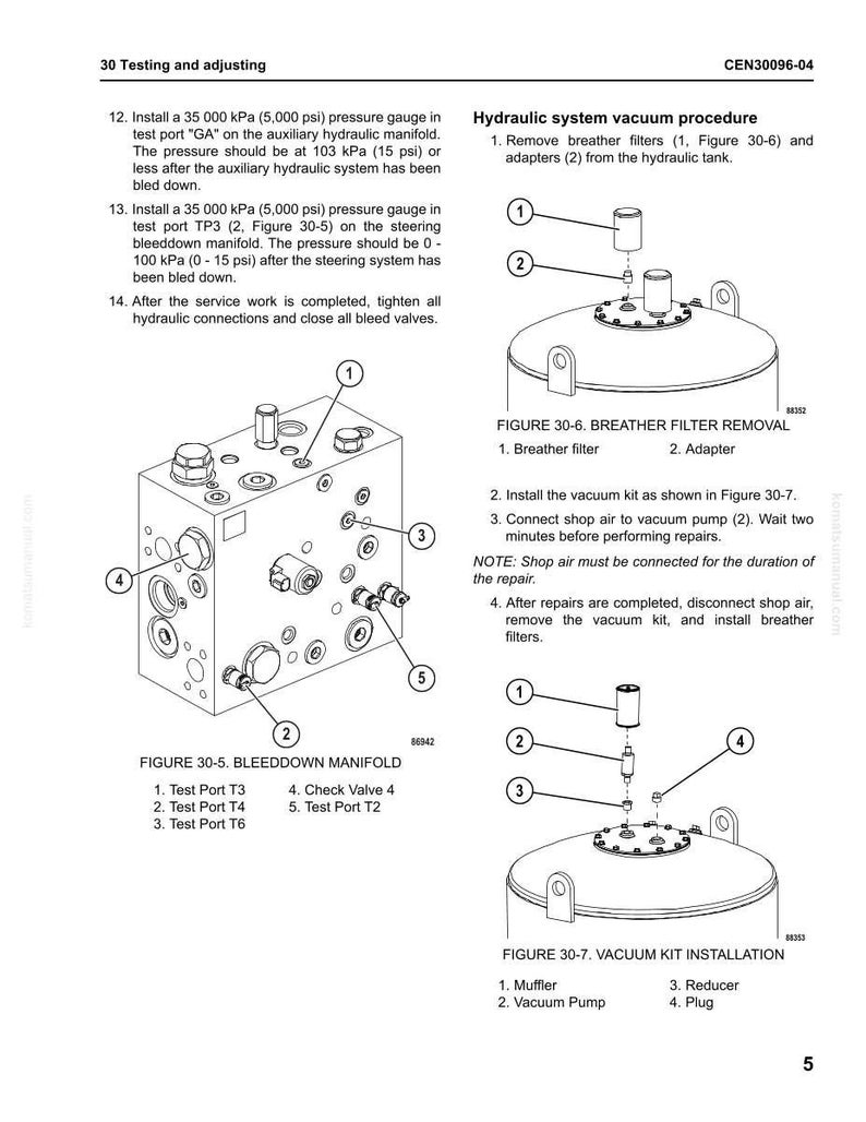 Op de afbeelding: Diagram van hydraulische systeemcomponenten met labels en instructies. Bevat figuren voor het verwijderen van de ademhalingsfilter en de installatie van de vacu&uuml;mkit. Tekst bevat manometerinstallatie en ontluchtingsinstructies.