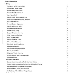 May include: A printed table of contents from a manual, with headings like "Safety" and "General Information." The text is black on a white background, with page numbers on the right. The manual covers topics such as safety instructions and machine maintenance.