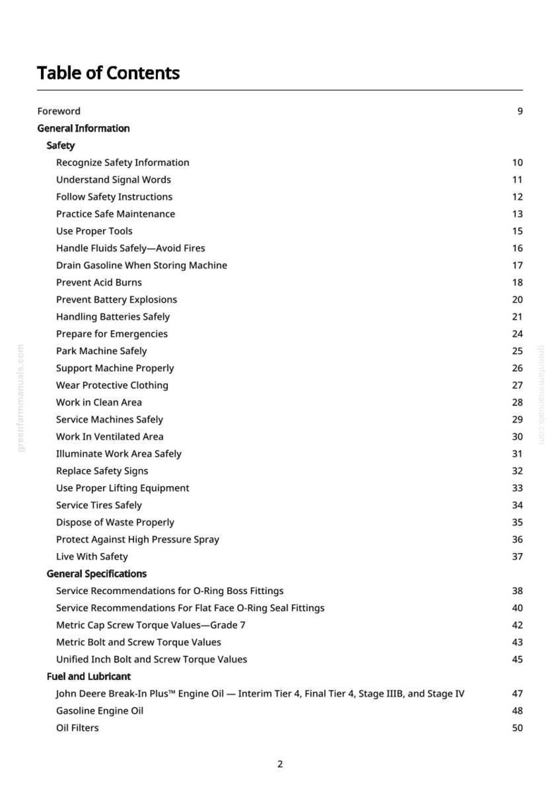 May include: A printed table of contents from a manual, with headings like "Safety" and "General Information." The text is black on a white background, with page numbers on the right. The manual covers topics such as safety instructions and machine maintenance.