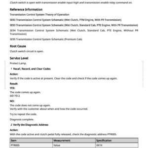 May include: A page from a manual with the title "PTR 000598.03 - Clutch Switch Voltage Above Normal, or Shorted to High Source." The text describes clutch switch issues, reference information, and diagnostic steps.