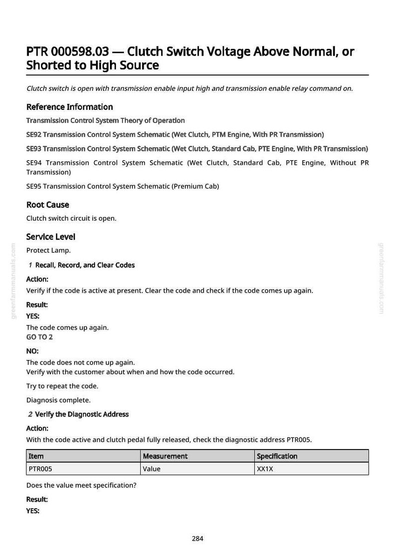 May include: A page from a manual with the title "PTR 000598.03 - Clutch Switch Voltage Above Normal, or Shorted to High Source." The text describes clutch switch issues, reference information, and diagnostic steps.