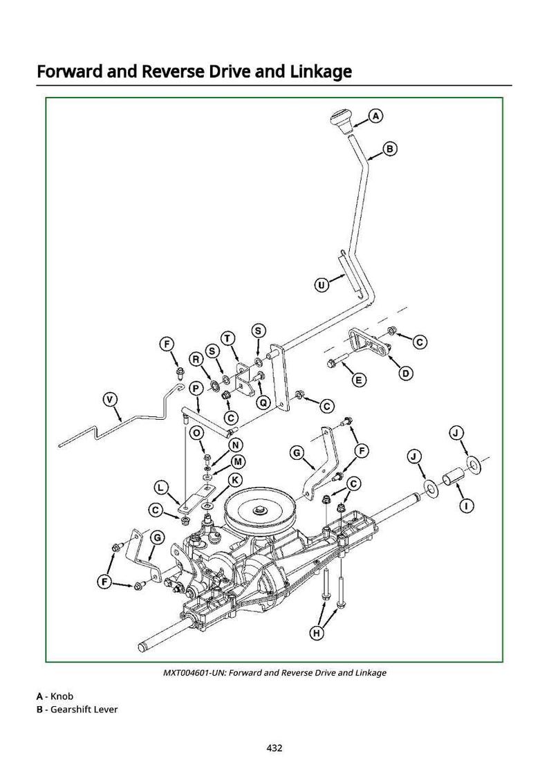 May include: An exploded diagram of a mechanical assembly labeled "Forward and Reverse Drive and Linkage." The image shows various components, including a knob, gearshift lever, and numerous bolts and brackets, all in a technical illustration style.