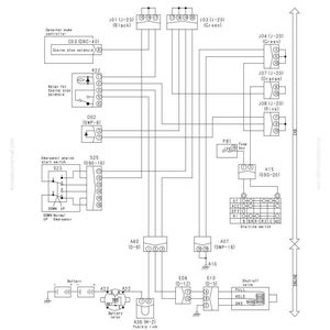 May include: Electrical circuit diagram for engine stop solenoid and relay in monitor panel. Includes component labels, wiring, and connection points. Text includes "Troubleshooting" and model numbers.