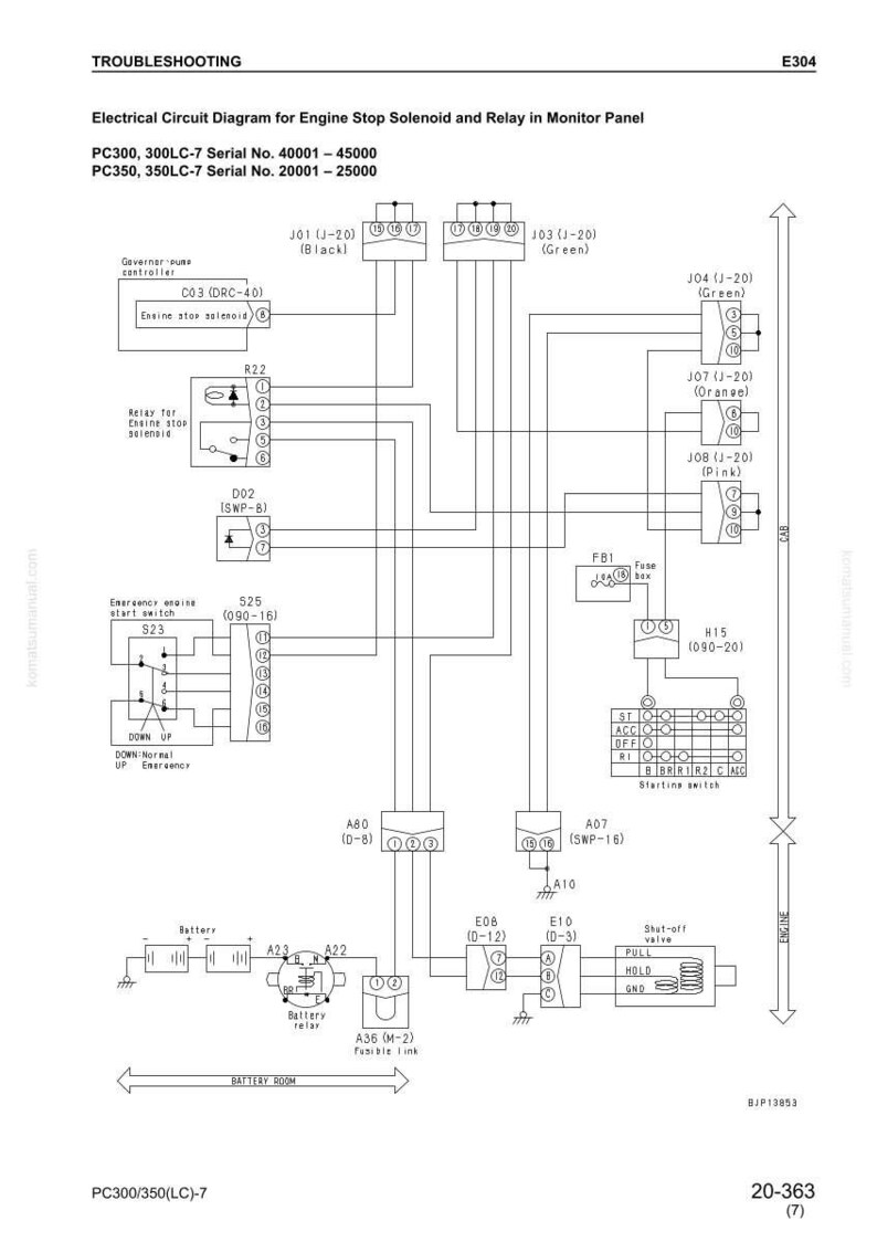 May include: Electrical circuit diagram for engine stop solenoid and relay in monitor panel. Includes component labels, wiring, and connection points. Text includes "Troubleshooting" and model numbers.