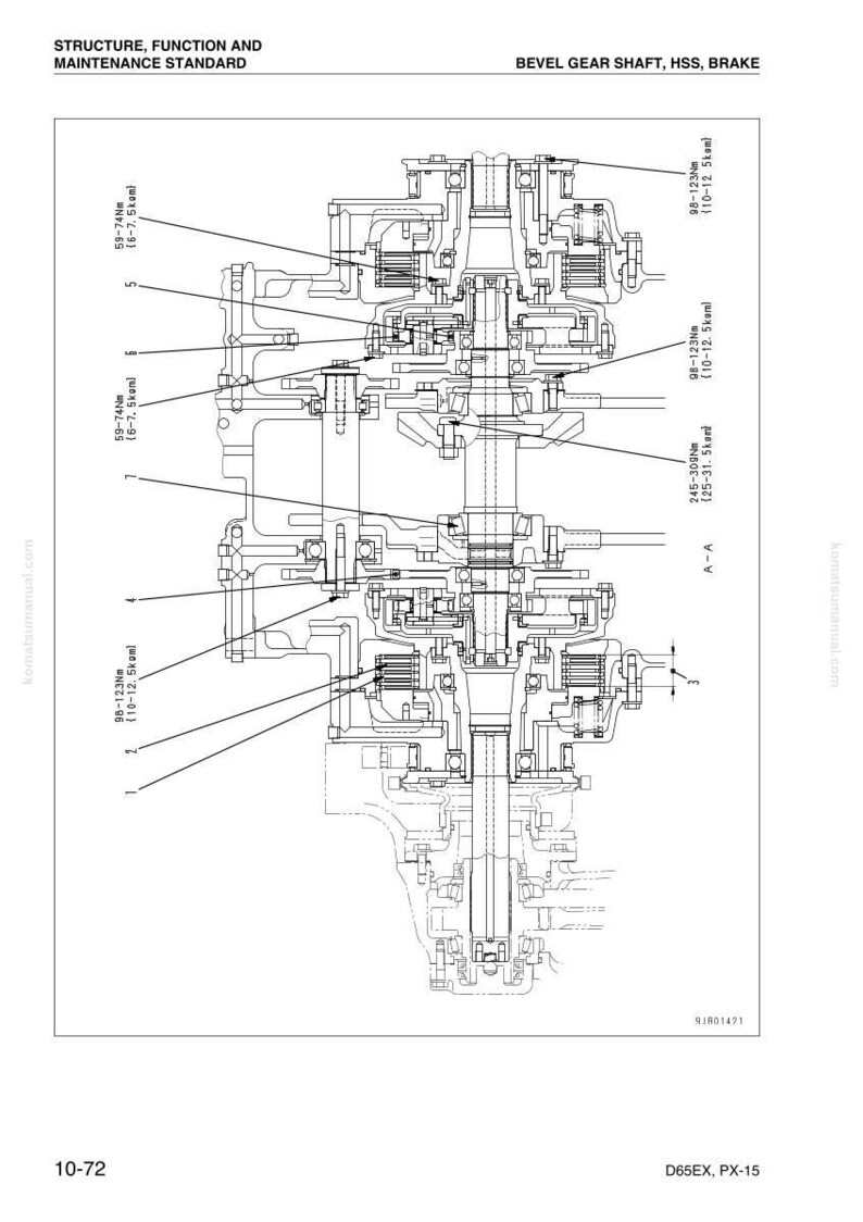 K&ouml;nnte beinhalten: Detaillierte technische Zeichnung einer Kegelradwelle mit HSS-Bremse. Das Diagramm enth&auml;lt Anmerkungen mit Messungen in Newtonmetern (Nm) und einen Abschnitt mit der Bezeichnung A-A. Der Text "STRUCTURE, FUNCTION AND MAINTENANCE STANDARD" steht oben.