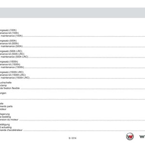 May include: A document page with a table of contents in German, English, and French. The page lists maintenance items, including maintenance kits and engine components. The Weidemann logo is in the bottom right corner. Measurements are in metric.