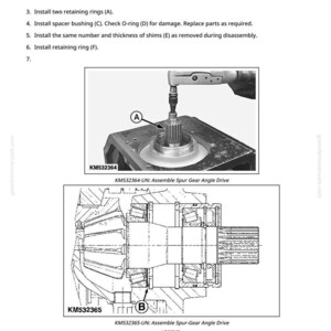 May include: Technical diagram with instructions for assembling a spur gear angle drive. The image shows a detailed illustration of the parts, including retaining rings, bushings, and shims. Text includes part numbers and assembly steps.