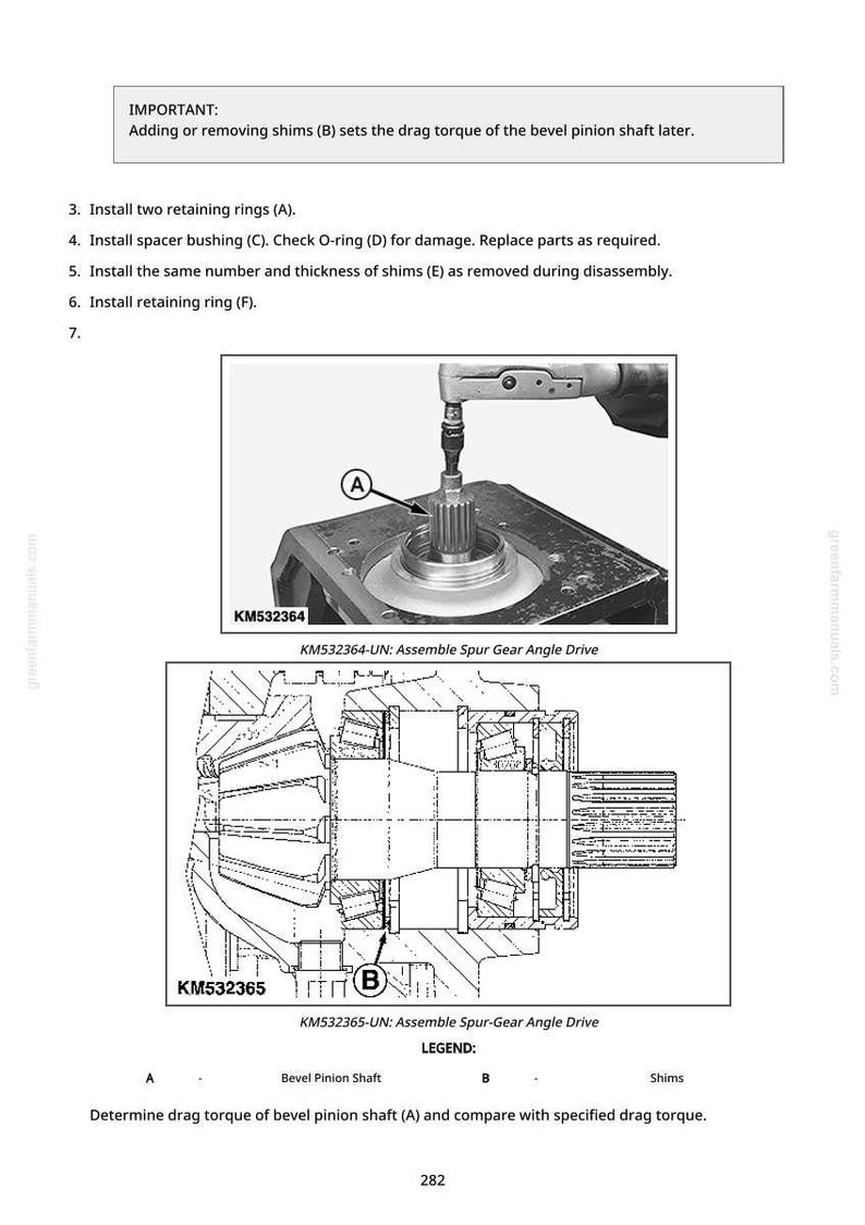 May include: Technical diagram with instructions for assembling a spur gear angle drive. The image shows a detailed illustration of the parts, including retaining rings, bushings, and shims. Text includes part numbers and assembly steps.