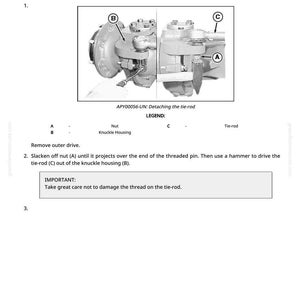 May include: Diagram illustrating the removal and installation of a MFWD knuckle housing. The image includes labeled parts: nut, knuckle housing, and tie-rod. Text instructions advise caution to avoid damaging the tie-rod thread.