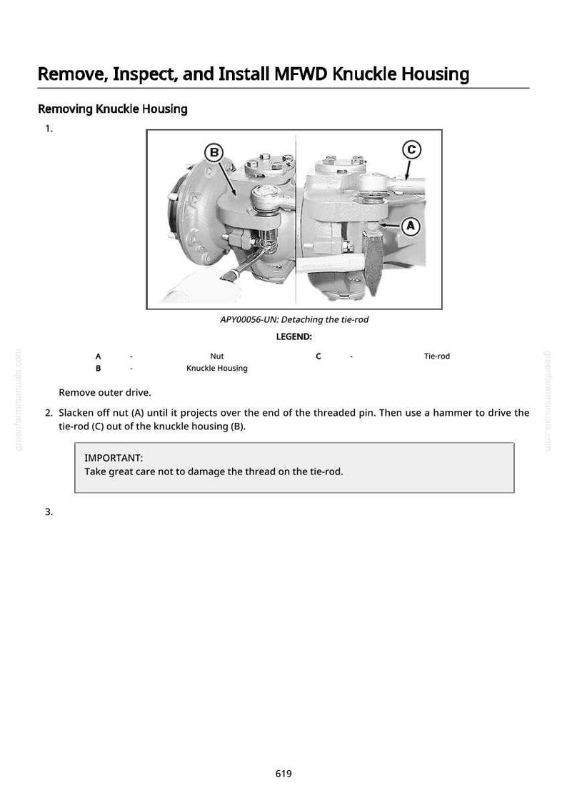May include: Diagram illustrating the removal and installation of a MFWD knuckle housing. The image includes labeled parts: nut, knuckle housing, and tie-rod. Text instructions advise caution to avoid damaging the tie-rod thread.