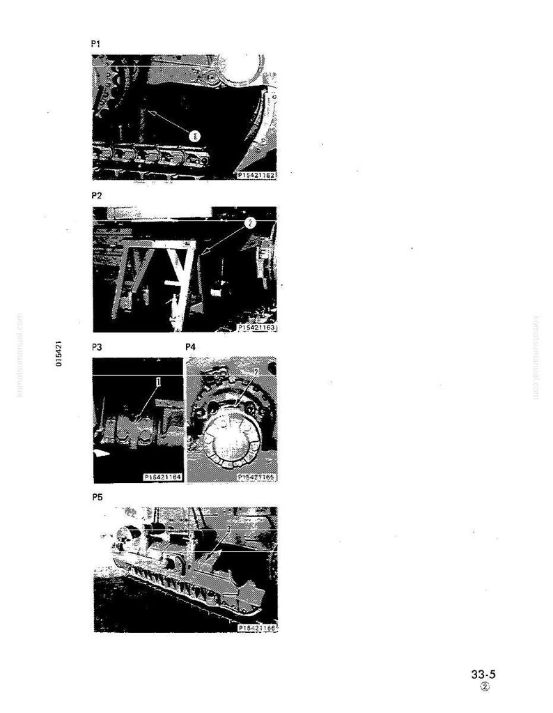 May include: A technical diagram with multiple detailed views of machinery components. The images are labeled P1 through P5, with arrows and numbers pointing to specific parts. The diagrams are in black and white, with text and reference numbers.
