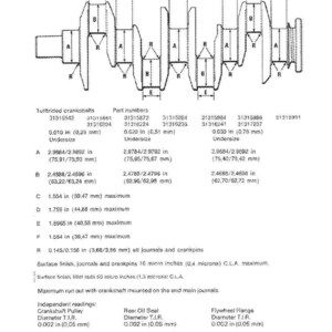 May include: Diagram of a crankshaft with measurements in inches and millimeters. The technical drawing includes part numbers, dimensions for A, B, C, D, E, F, and R, and details on surface finish and independent readings.